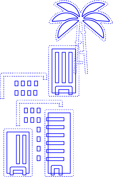 A lot of buildings, and a palm tree!